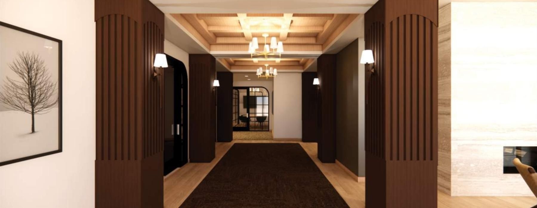 a hallway with a brown rug