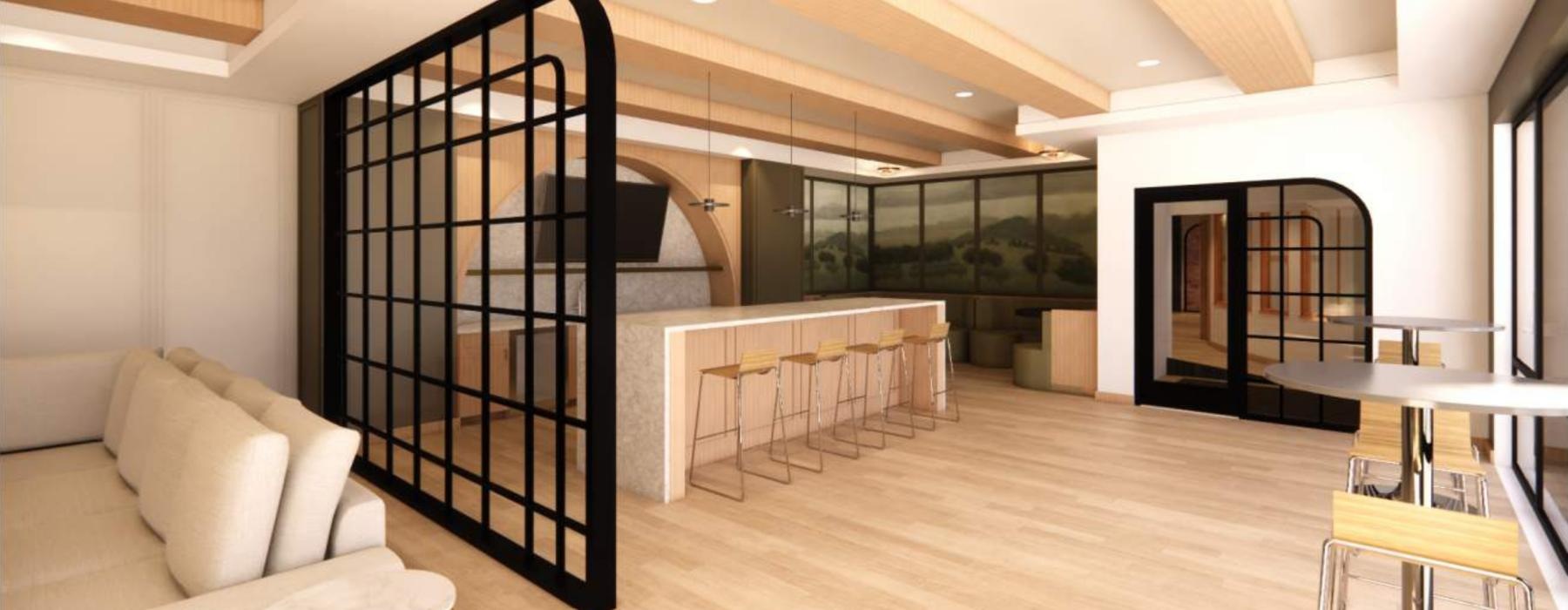 a lounge room with a wood floor and a glass separator